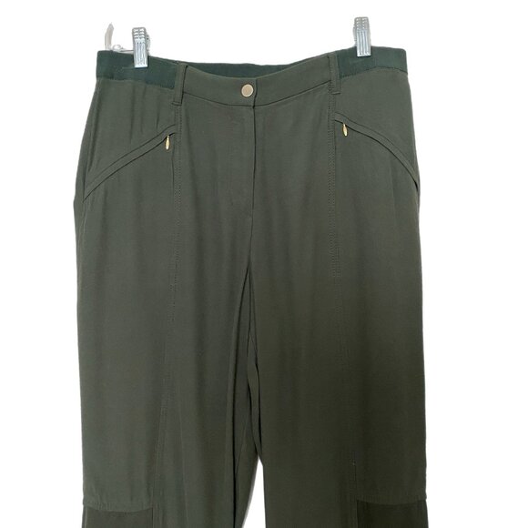 Per Se By Carlisle Women's Olive Green Gold Zip Pockets Satin Trim Pants Size 6 - Picture 3 of 6
